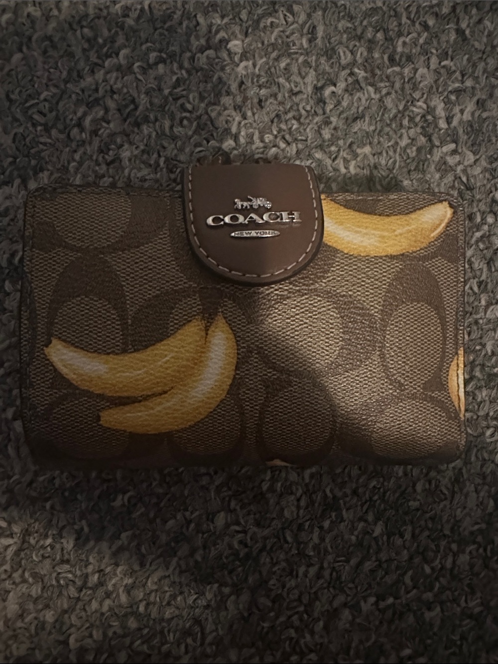 Coach Brown Medium Signature Canvas Wallet with Yellow Banana Print